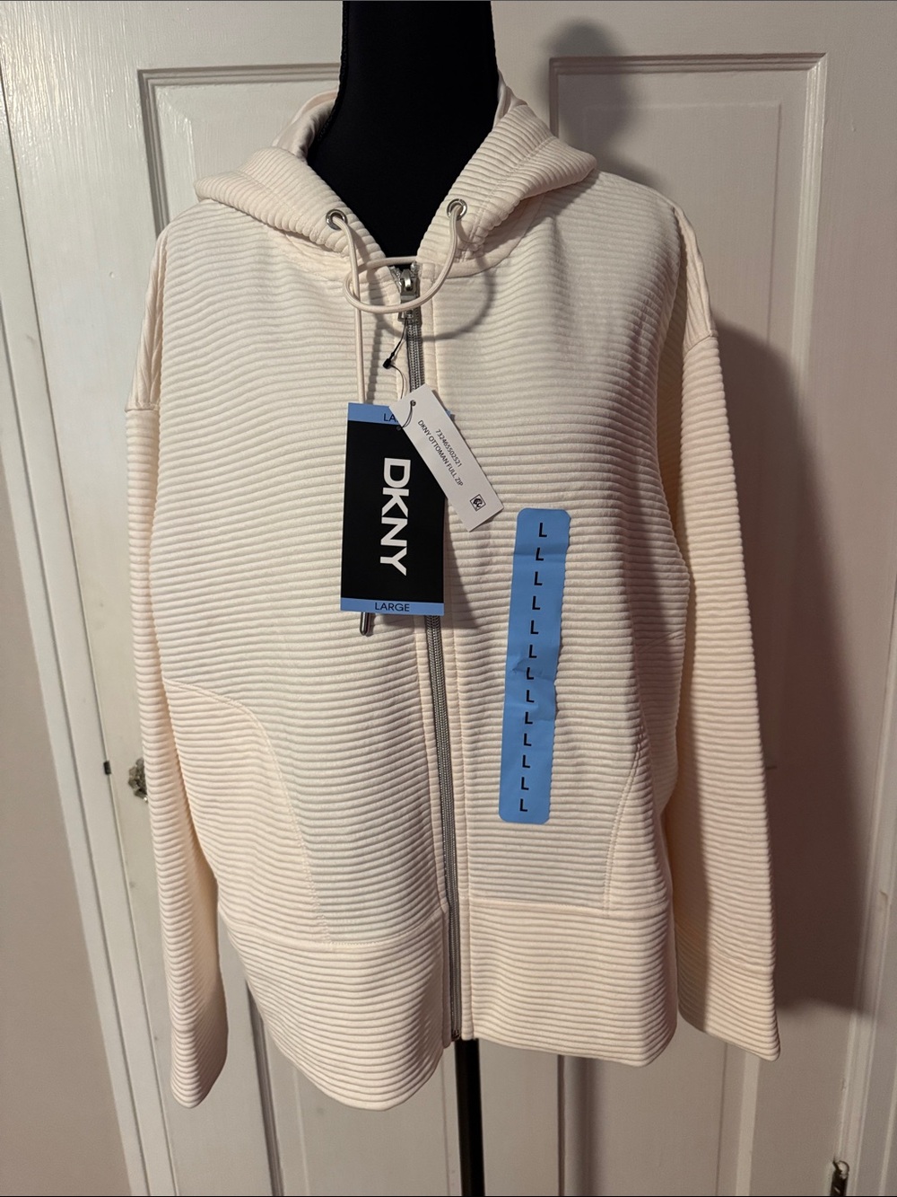DKNY NWT Ottoman Cream Ribbed Full Zip Hoodie Jacket Sweatshirt L, 2-XXL Sand